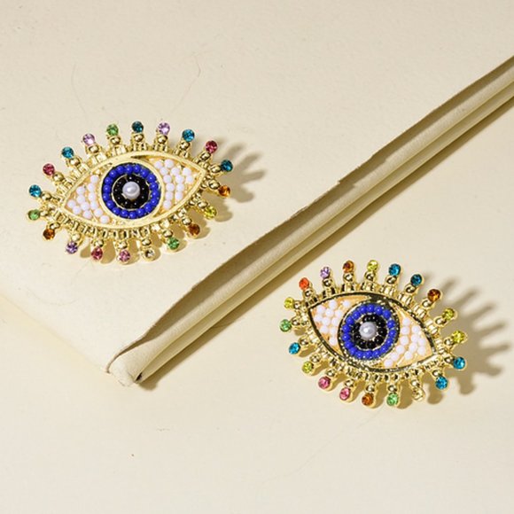 Gold Beaded Rhinestone Eye Stud Earrings BOHO‎ RAINBOW CUTE STUDS CLASSIC FUN - Picture 2 of 2